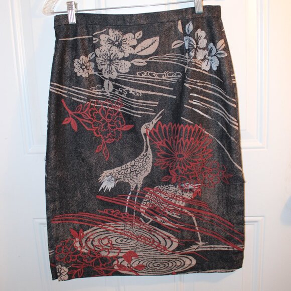 Vintage KORS Michael Kors Japanese Garden Stork Denim Skirt Size 4 Made in USA - Picture 1 of 8